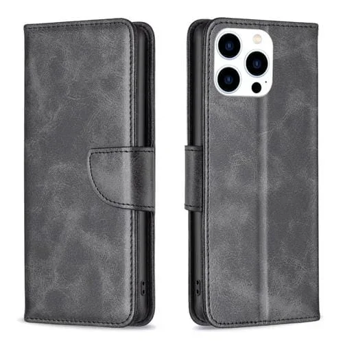 Funda para teléfono iPhone 15 Pro Textura de Piel de Cordero Flip Cuero (Negro)