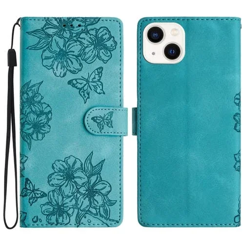 Funda para Teléfono iPhone 15 PU Sensación de Piel Mariposa y Flor de Cerezo en Relieve (Verde)
