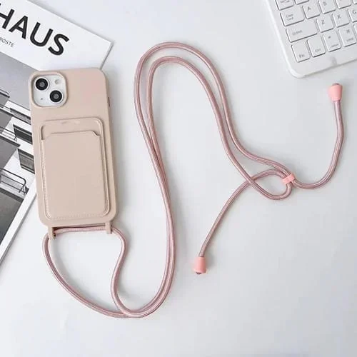 Funda para Teléfono iPhone 15 Silicona Elástica con Tarjetero y Cordón Cruzado (Rosa)