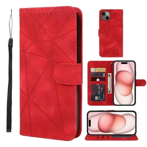 Funda para teléfono iPhone 15 Skin Feel cuero con líneas geométricas (Rojo)