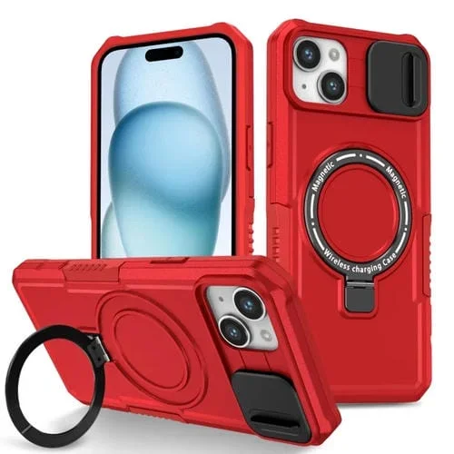 Funda para Teléfono iPhone 15 Sliding Camshield Magsafe Holder TPU Hybrid (Rojo)