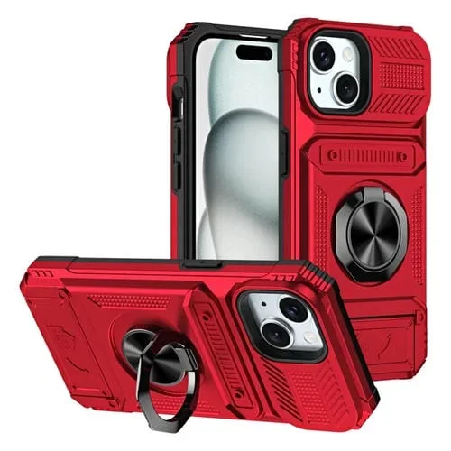 Funda para Teléfono iPhone 15 TPU + PC con Tarjeta a Prueba de Golpes Soporte Anillo (Rojo)