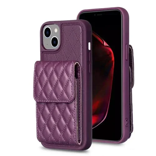 Funda para teléfono iPhone 15 Vertical Wallet Rhombic Cuero (Púrpura Oscuro)