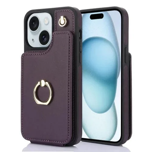 Funda para Teléfono iPhone 15 Ym005 Skin Feel Card Bag con Cordón Largo (Púrpura Oscuro)