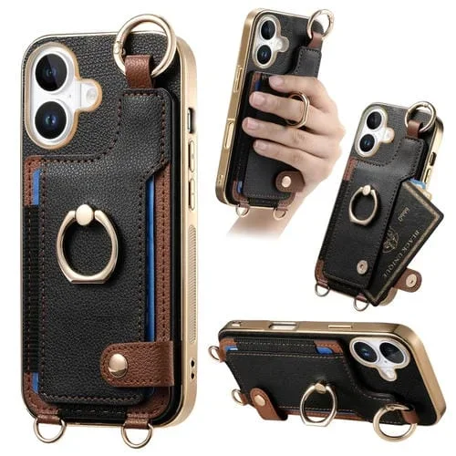 Funda para Teléfono iPhone 16 con Tarjetero y Anillo con Lazo para Colgar (Negra)