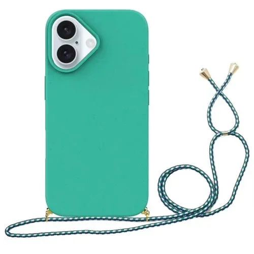 Funda para Teléfono iPhone 16 Material de Paja de Trigo TPU con Cordón (Verde)