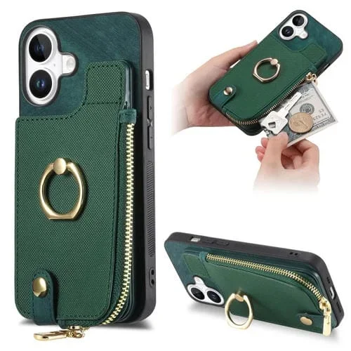Funda para teléfono iPhone 16 Plus con cremallera vertical y anillo cruzado de cuero (Verde)