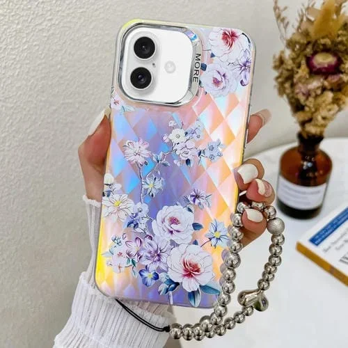 Funda para Teléfono iPhone 16 Plus con Flor Láser Galvanizada y Correa para Muñeca (Rose)