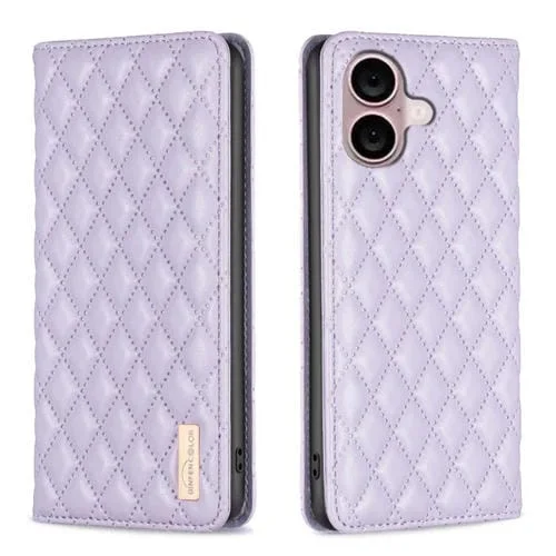 Funda para teléfono iPhone 16 Plus con tapa de cuero magnético Diamond Lattice (Púrpura)