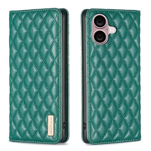 Funda para Teléfono iPhone 16 Plus con Tapa de Cuero Magnético Diamond Lattice (Verde)