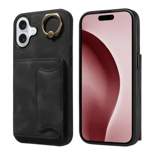 Funda para Teléfono iPhone 16 Plus con Tarjetero y Hebilla de Anilla (Negra)