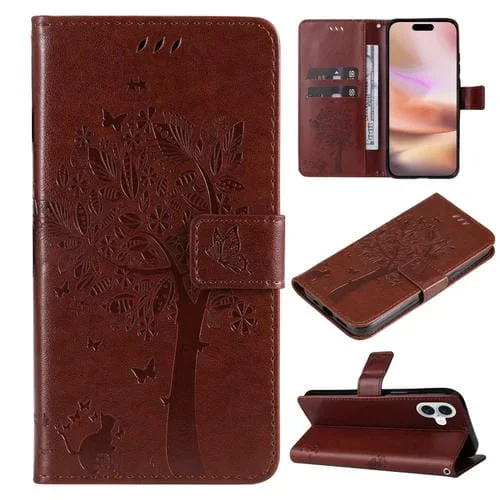 Funda para Teléfono iPhone 16 Plus Cuero con Tapa Patrón en Relieve Árbol y Gato (Café)