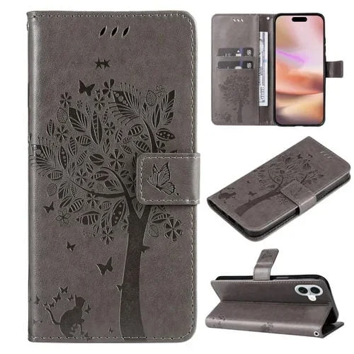 Funda para Teléfono iPhone 16 Plus Cuero con Tapa Patrón En Relieve Árbol y Gato (Gris)