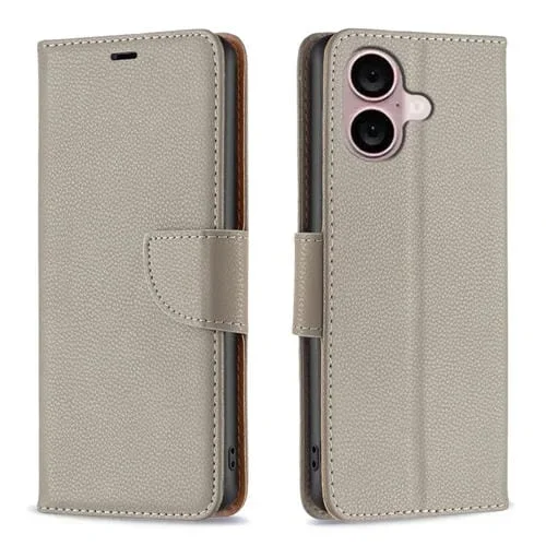 Funda para Teléfono iPhone 16 Plus Cuero con Tapa Textura Litchi (Gris)