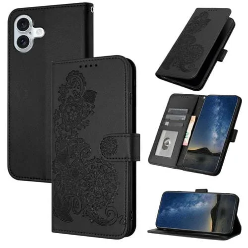 Funda para Teléfono iPhone 16 Plus Cuero con Tapa y Relieve de Flores Datura (Negro)