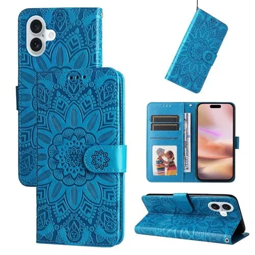 Funda para Teléfono iPhone 16 Plus Cuero Girasol en Relieve (Azul)