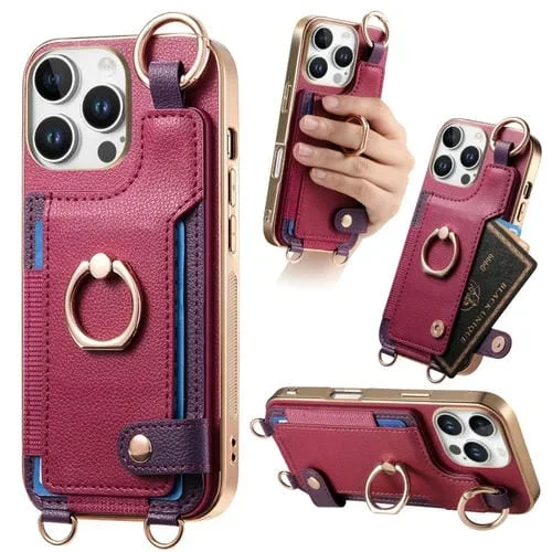Funda para Teléfono iPhone 16 Pro con Anillo, Tarjetero y Lazo para Colgar (Morado)