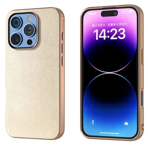 Funda para Teléfono iPhone 16 Pro Marco Galvanizado Cuero Sintético Cobertura Total (Dorada)