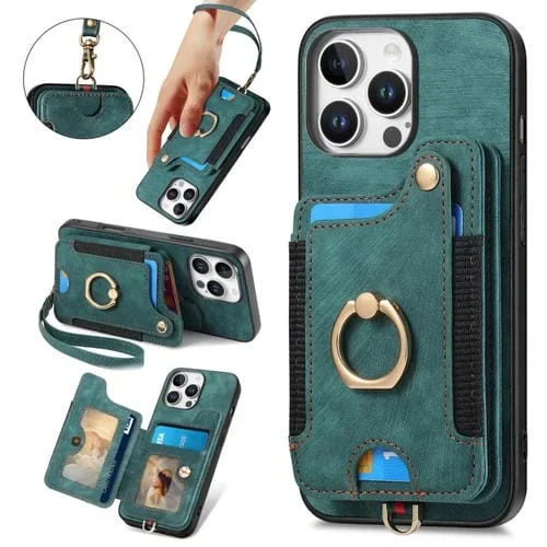 Funda para Teléfono iPhone 16 Pro Max Billetera MultiTarjeta Piel Sintética Anillo (Verde)