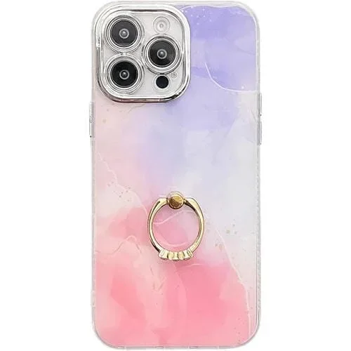 Funda para teléfono iPhone 16 Pro Max con soporte de anillo y textura de mármol galvanizado (Púrpura Rosa)