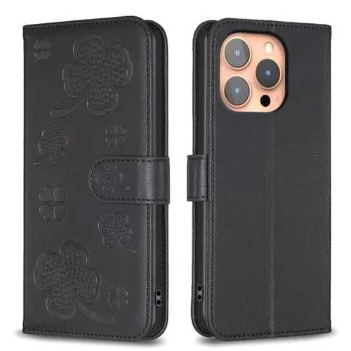 Funda para Teléfono iPhone 16 Pro Max Cuero con Relieve de Cuatro Hojas (Negro)