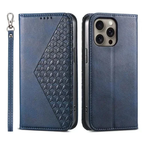 Funda para Teléfono iPhone 16 Pro Max Cuero Magnético Textura de Becerro Rejilla Cúbica (Azul)