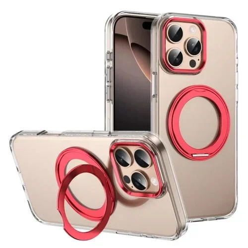 Funda para Teléfono iPhone 16 Pro Max Magsafe con Soporte Giratorio y Anillo de Hielo para PC (Rojo)