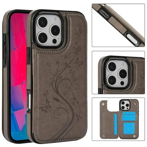 Funda para Teléfono iPhone 16 Pro Max PU Estampado Mariposa Doble Hebilla (Gris)