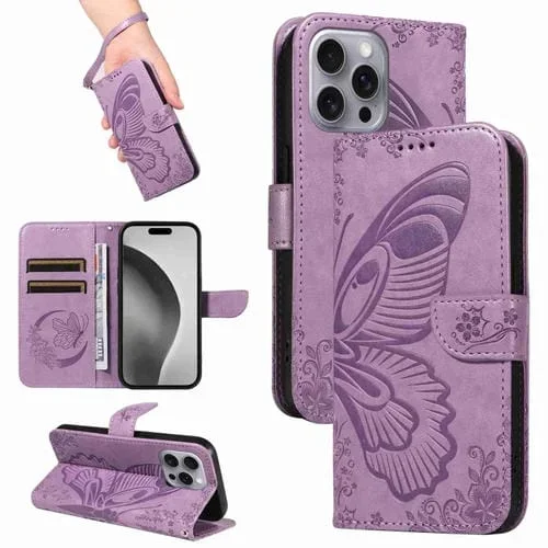 Funda para teléfono iPhone 16 Pro Max Swallowtail Butterfly Cuero En Relieve (Púrpura)