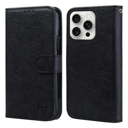 Funda para Teléfono iPhone 16 Pro Max Textura Cuero PU + TPU Sensación Piel Aceitada (Negro)