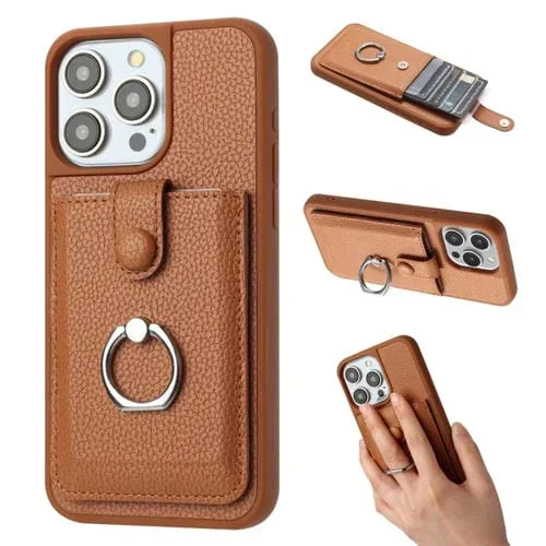Funda para Teléfono iPhone 16 Pro Max Textura de Lichi Soporte Anillo Diseño Tarjeta (Marrón)