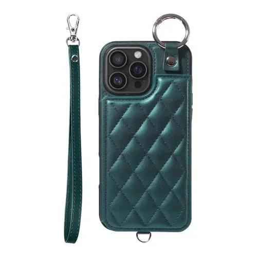 Funda para Teléfono iPhone 16 Pro Max Textura Rómbica con Cordón Corto (Verde)