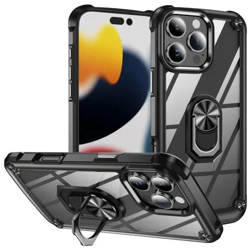 Funda para Teléfono iPhone 16 Pro Max TPU + PC con Protección de Lente y Soporte para Anillo (Negro)