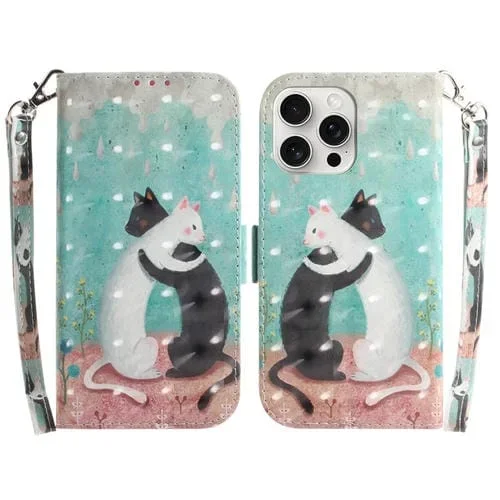 Funda para Teléfono iPhone 16 Pro Max y 16 Pro de Cuero con Tapa Horizontal 3D (Gato Blanco y Negro)