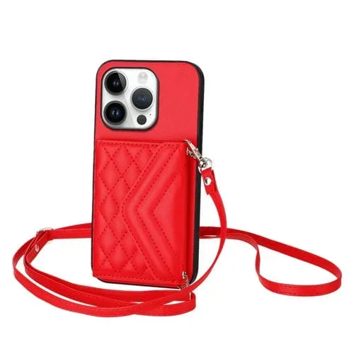 Funda para Teléfono iPhone 16 Pro Textura Rómbica Tarjetero Rfid Cordón Largo (Rojo)