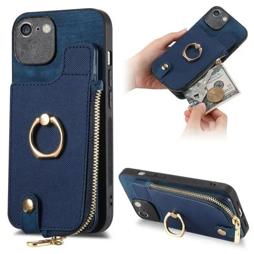 Funda para Teléfono iPhone 6/6S con Billetera, Cremallera Vertical y Anillo de Cuero Cruzado (Azul)