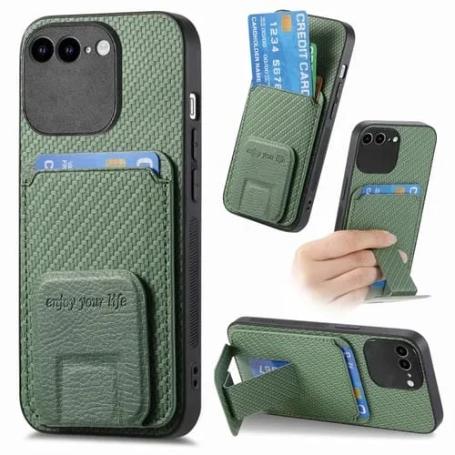 Funda para Teléfono iPhone 7 Plus/8 Plus con Soporte Plegable y Bolsa para Tarjetas Fibra de Carbono (Verde)