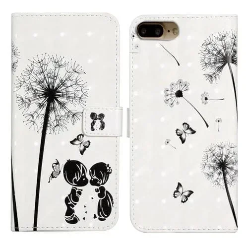 Funda para Teléfono iPhone 7 Plus/8 Plus Cuero Dibujo 3D En Relieve al Óleo (Pareja de Diente de León)