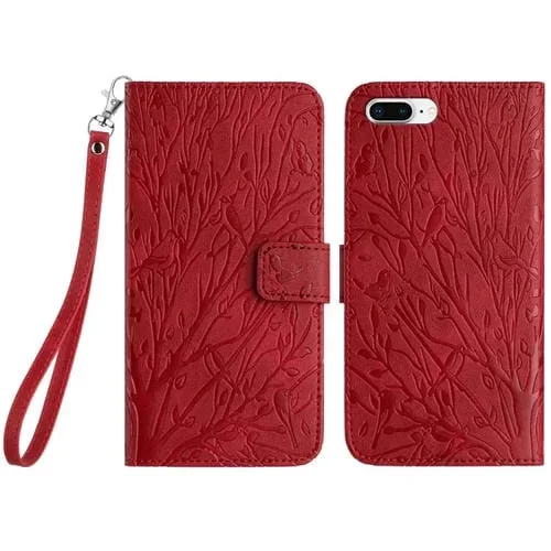 Funda para Teléfono iPhone 8 Plus 7 Plus 6 Plus Cuero Patrón Relieve Pájaros (Rojo)