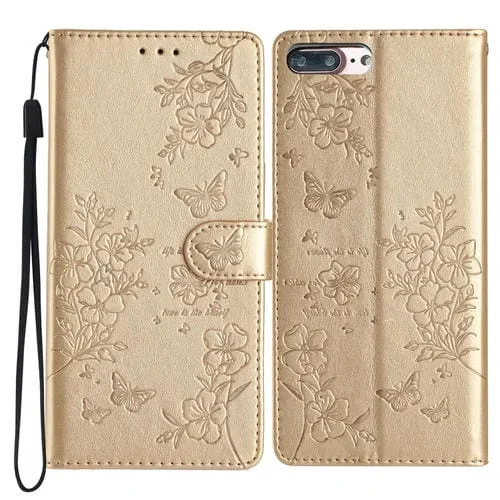 Funda para Teléfono iPhone 8 Plus 7 Plus Cuero Relieve Flor Amor y Mariposa (Dorado)