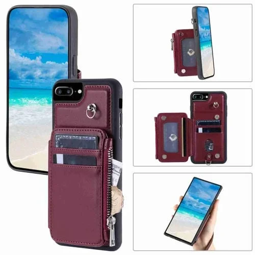 Funda para Teléfono iPhone 8 Plus/7 Plus Rfid con Ranuras para Tarjetas y Cremallera (Rojo Vino)