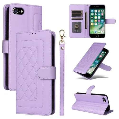 Funda para Teléfono iPhone SE 2022/SE 2020 Tapa de Cuero Entramado de Diamantes (Púrpura Claro)