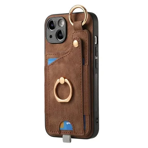 Funda para Teléfono iPhone X / Xs con Bolsa para Tarjeta con Anillo y Lazo para Colgar (Marrón)