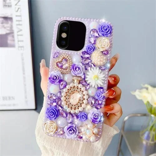 Funda para Teléfono iPhone X Xs con Incrustaciones de Diamantes y Rosas para PC (Púrpura)