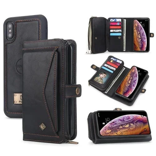 Funda para Teléfono iPhone X Xs Cuero con Billetera y Cremallera Multifuncional (Negro)