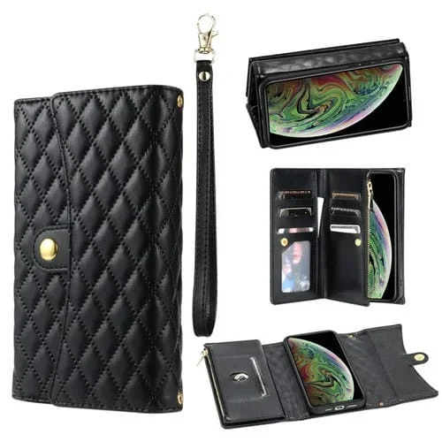 Funda para Teléfono iPhone X Xs Cuero Rómbico Billetera MultiTarjeta Cremallera (Negro)