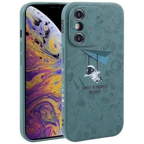 Funda para Teléfono iPhone X Xs Silicona Borde Recto Patrón Astronauta (Green)
