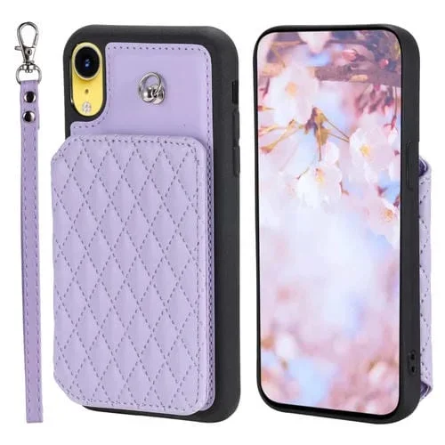 Funda para Teléfono iPhone Xr Bolsa para Tarjetas Textura de Rejilla con Cordón (Púrpura)
