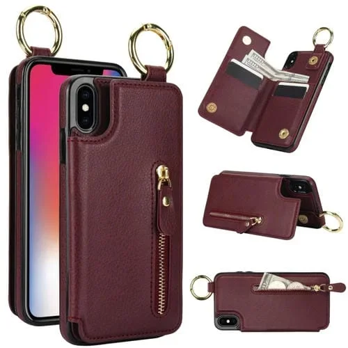Funda para Teléfono iPhone Xs Max Bolsa para Tarjetas Doble Hebilla Cremallera Textura Litchi (Rojo Granate)