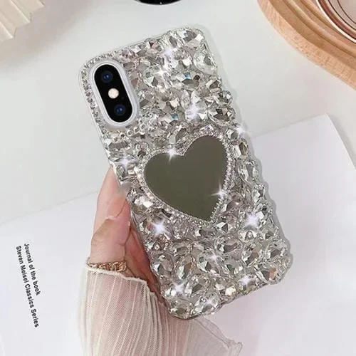 Funda para Teléfono iPhone Xs Max Mirror Hecha a Mano con Diamantes de Imitación para PC (Amor Gris Plateado)